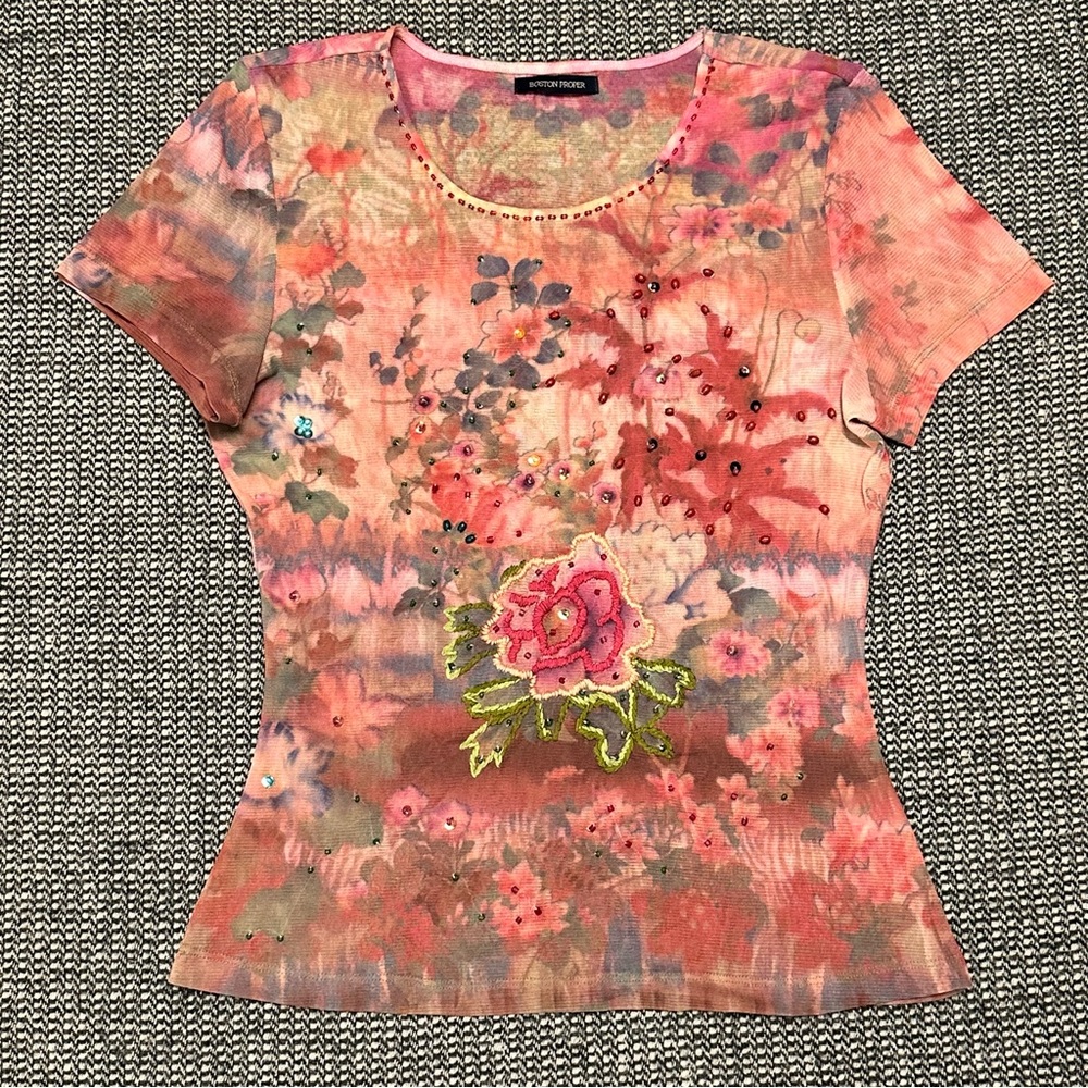 Boston Proper Coral Pink Floral Embroidered Short Sleeve Tee
